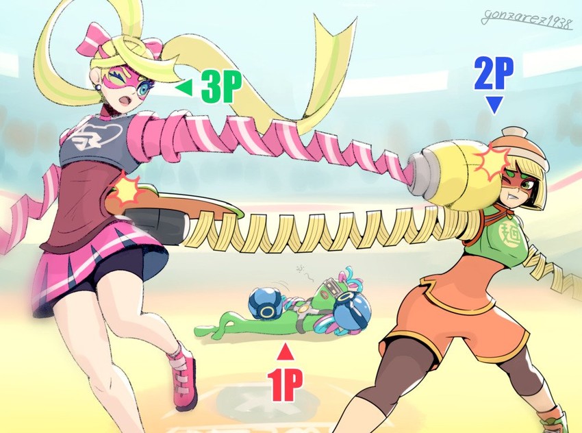 min min, ribbon girl, and dna man (arms) drawn by gonzarez