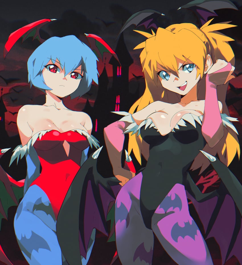 souryuu asuka langley, ayanami rei, morrigan aensland, and lilith (neon genesis evangelion and 1 more) drawn by aetherion