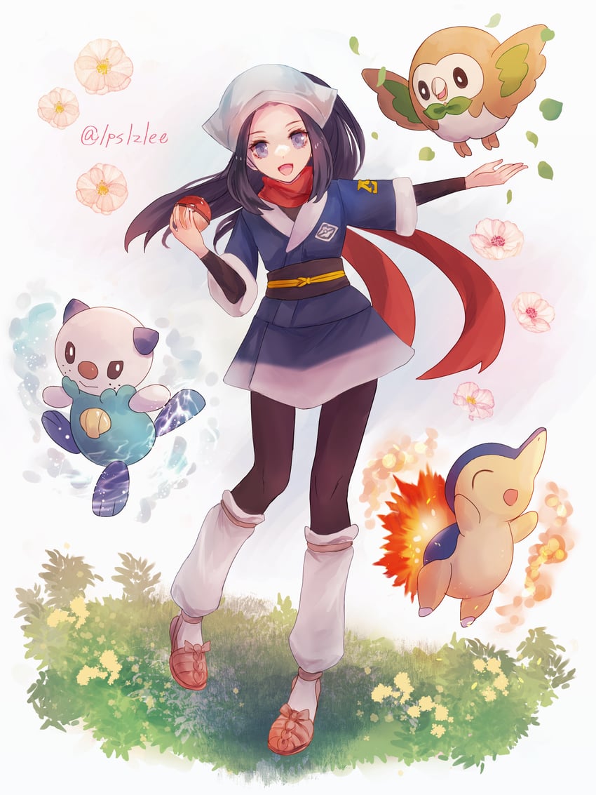 akari, rowlet, oshawott, and cyndaquil (pokemon and 1 more) drawn by byuura_(sonofelice)