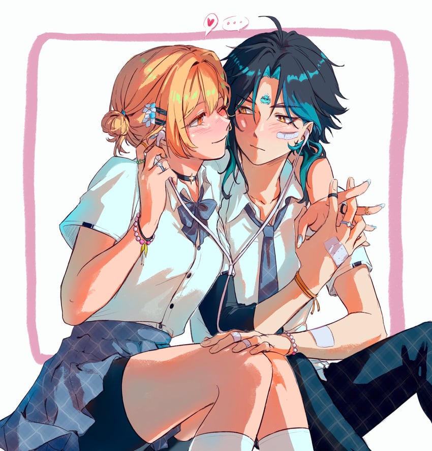 lumine and xiao (genshin impact and 1 more) drawn by peatchoune