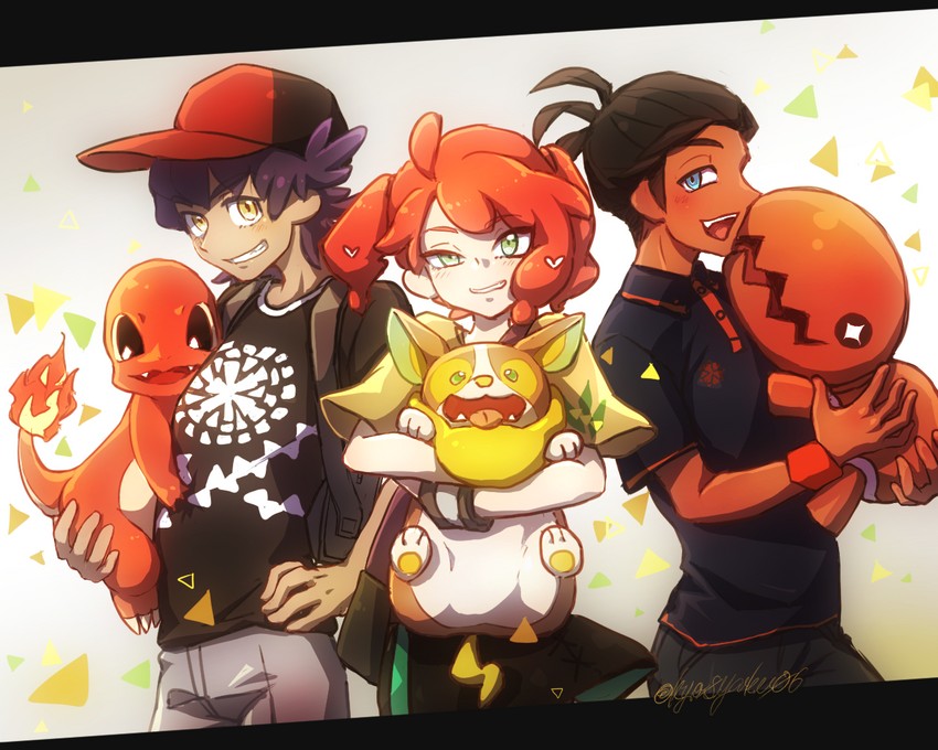 leon, raihan, sonia, charmander, yamper, and 1 more (pokemon and 1 more) drawn by kyosyaku