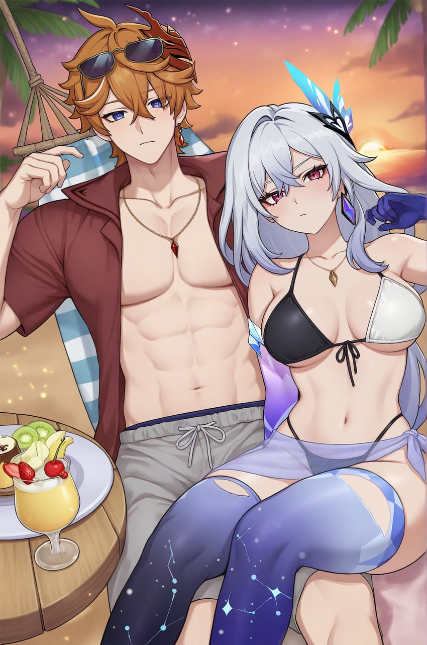 tartaglia and skirk (genshin impact) drawn by zeethienix