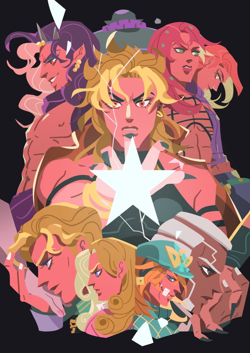 dio brando, kars, kira yoshikage, diego brando, diavolo, and 4 more (jojo no kimyou na bouken and 7 more) drawn by lowj730