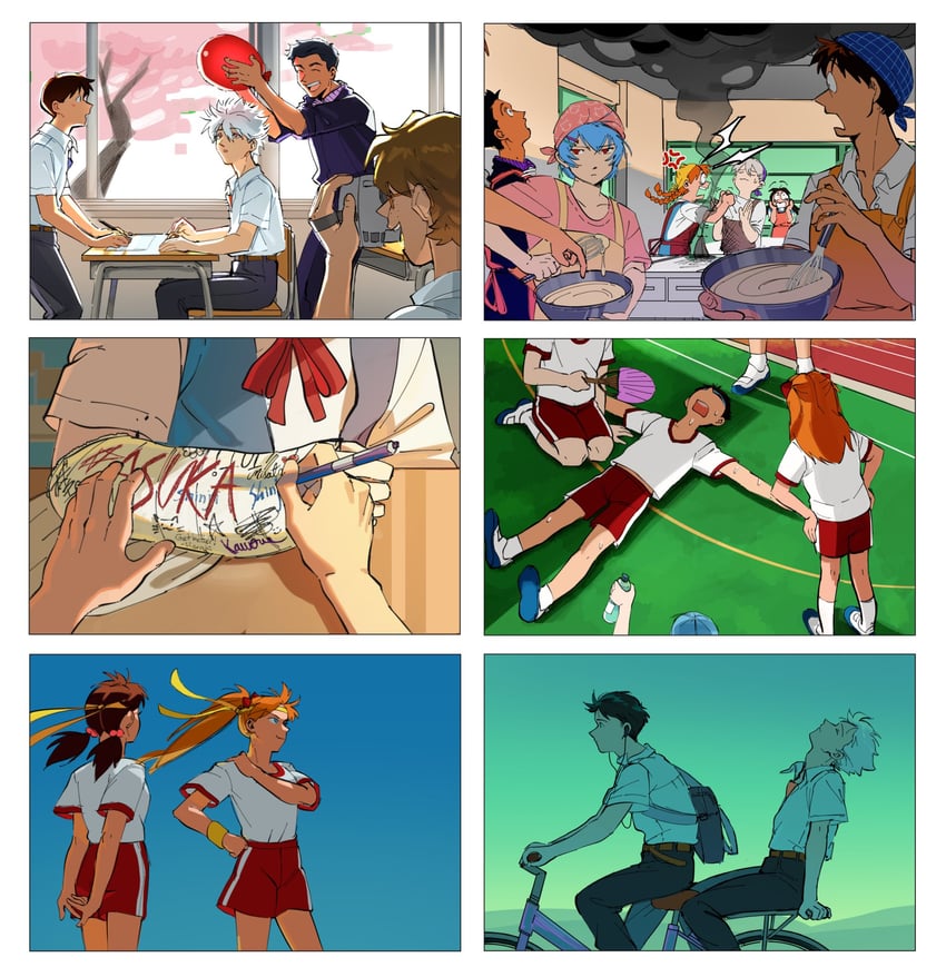 ayanami rei, ikari shinji, nagisa kaworu, aida kensuke, horaki hikari, and 1 more (neon genesis evangelion) drawn by sweepswoop