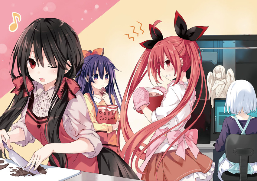 tokisaki kurumi, yatogami tohka, tobiichi origami, and itsuka kotori (date a live) drawn by tsunako