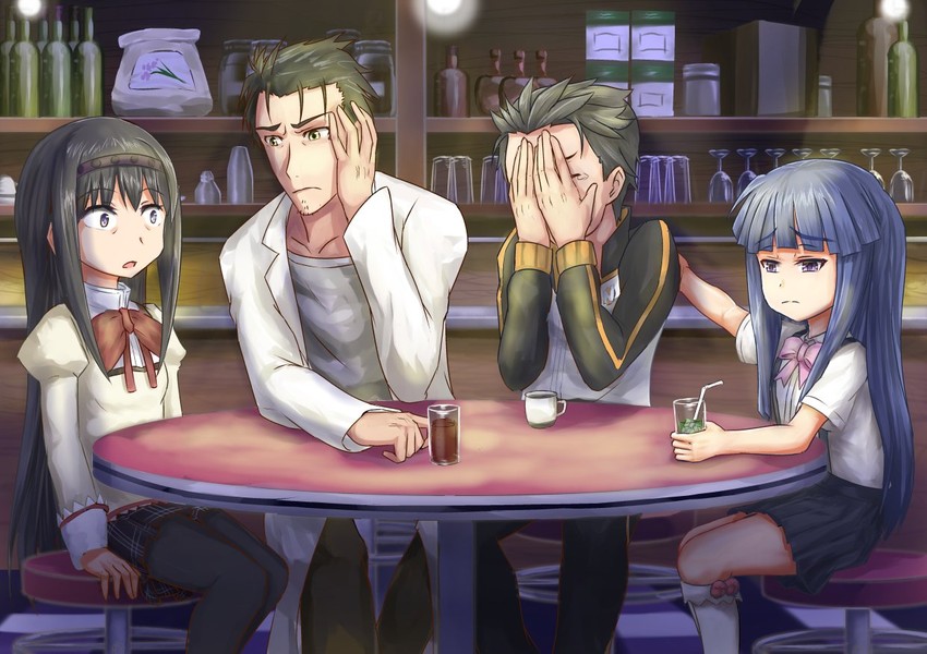 akemi homura, furude rika, natsuki subaru, and okabe rintarou (mahou shoujo madoka magica and 3 more) drawn by zen_cross
