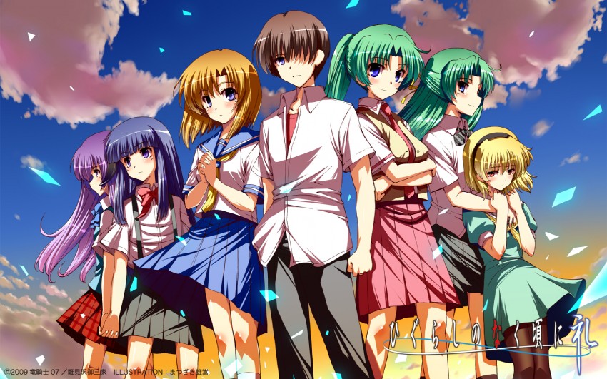 furude rika, ryuuguu rena, houjou satoko, sonozaki mion, hanyuu, and 2 more (higurashi no naku koro ni) drawn by matsuzaki_yutaka