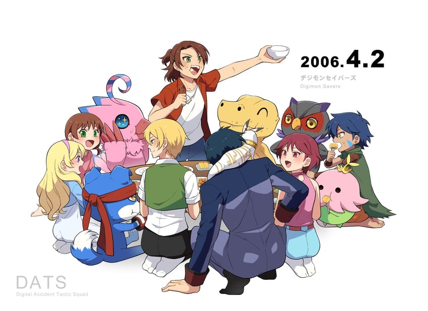 piyomon, daimon masaru, agumon, gaomon, fujieda yoshino, and 8 more (digimon and 1 more) drawn by lao_wen