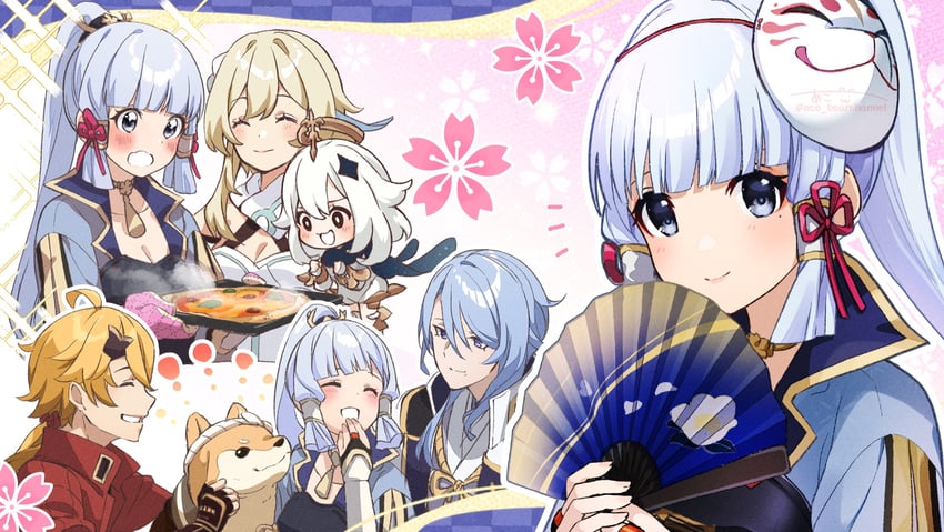 lumine, kamisato ayaka, kamisato ayato, and thoma (genshin impact) drawn by aco_(bearchannel)