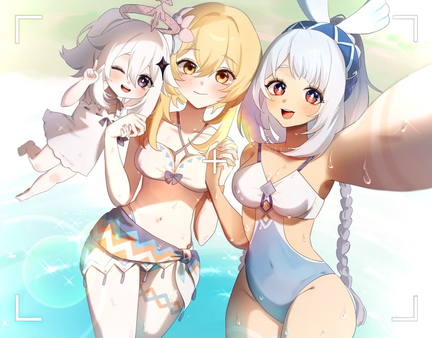 lumine, paimon, and mualani (genshin impact) drawn by 21syn_q_(gohan)