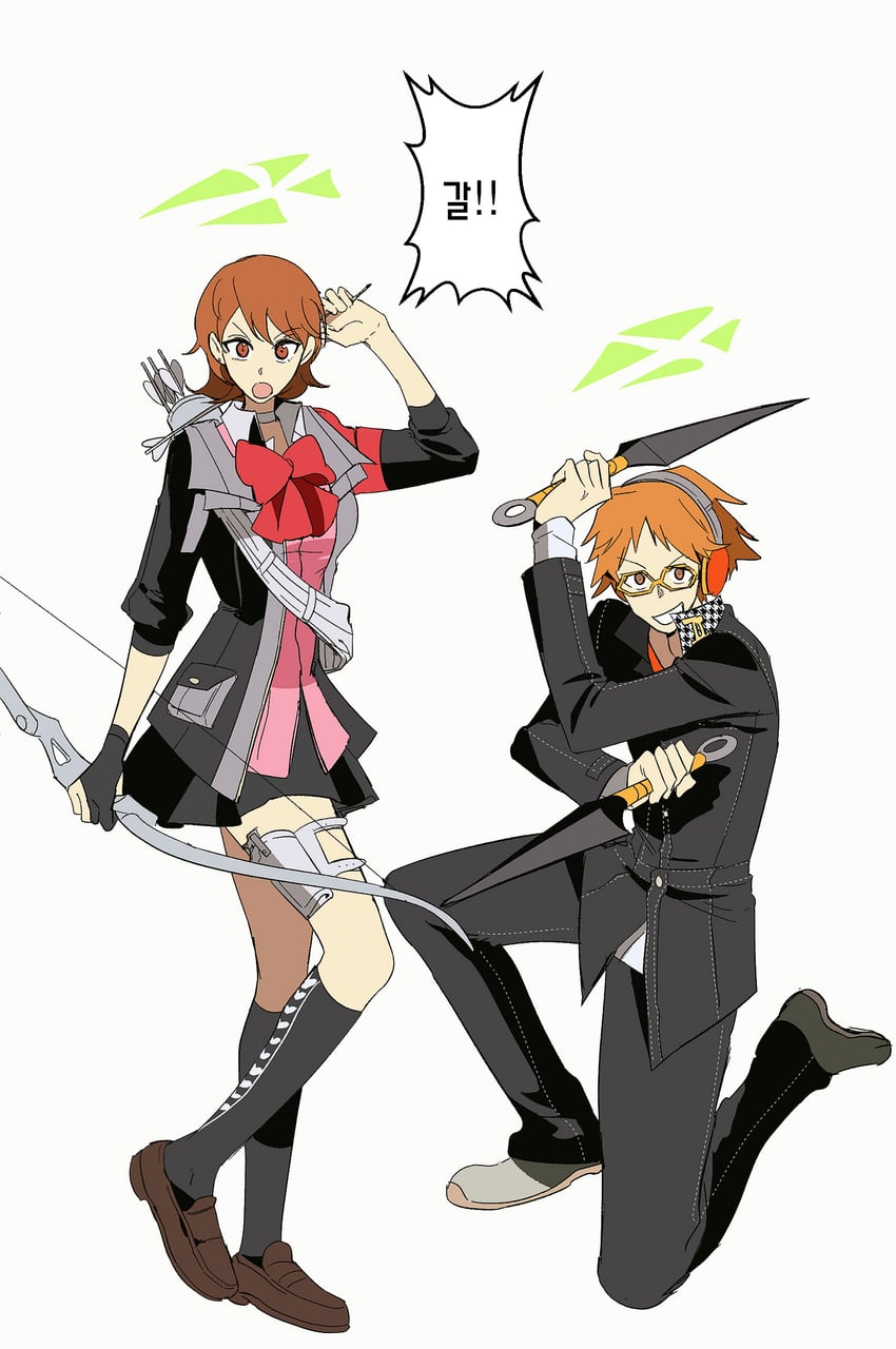 takeba yukari and hanamura yousuke (persona and 3 more) drawn by babakun