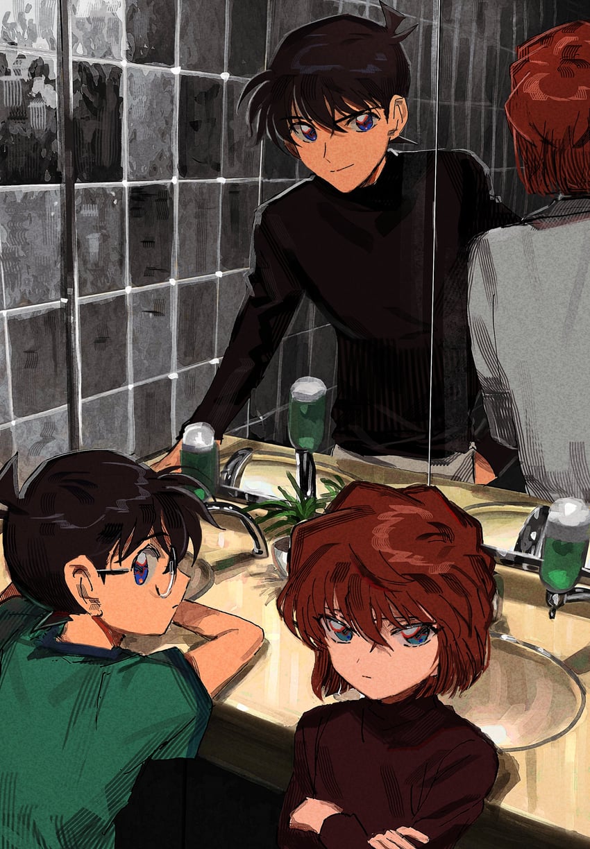 edogawa conan, haibara ai, kudou shin'ichi, and miyano shiho (meitantei conan) drawn by segami