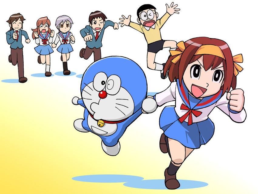 suzumiya haruhi, nagato yuki, asahina mikuru, kyon, koizumi itsuki, and 2 more (suzumiya haruhi no yuuutsu and 1 more) drawn by ueyama_michirou