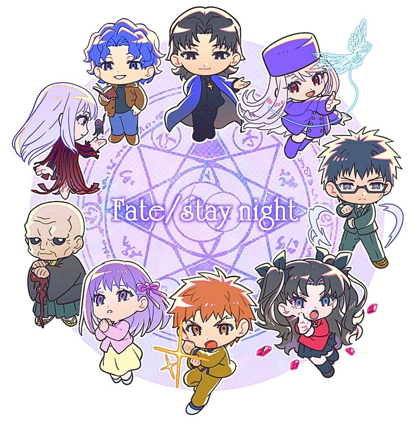tohsaka rin, illyasviel von einzbern, emiya shirou, matou sakura, kotomine kirei, and 4 more (fate and 1 more) drawn by hal_(haaaalhal)