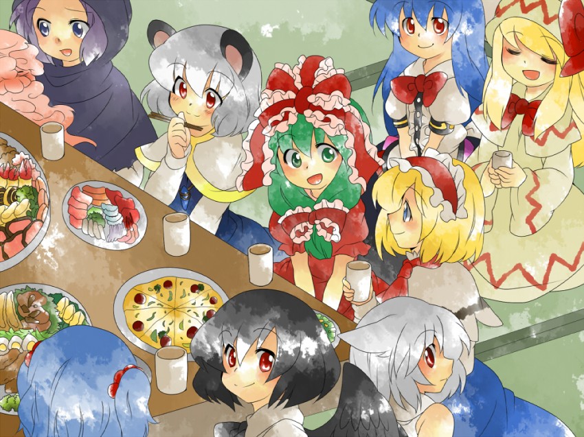 alice margatroid, shameimaru aya, inubashiri momiji, kawashiro nitori, hinanawi tenshi, and 5 more (touhou) drawn by hammer_(sunset_beach)