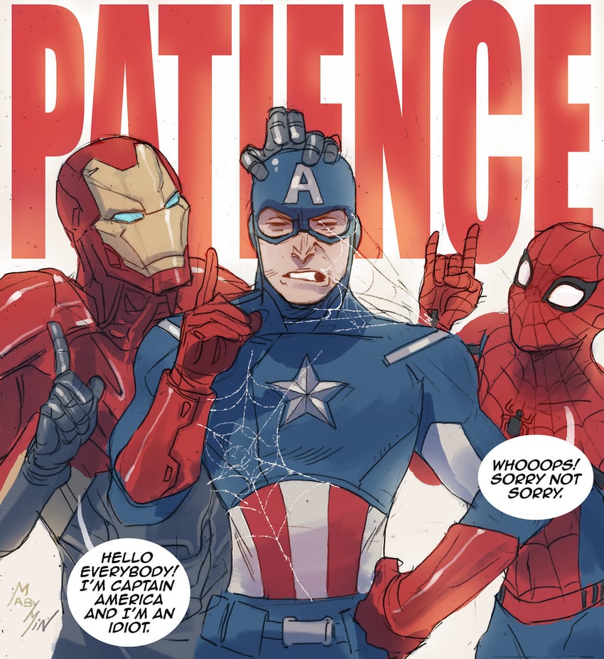 spider-man, steve rogers, captain america, and iron man (marvel and 3 more) drawn by mabymin