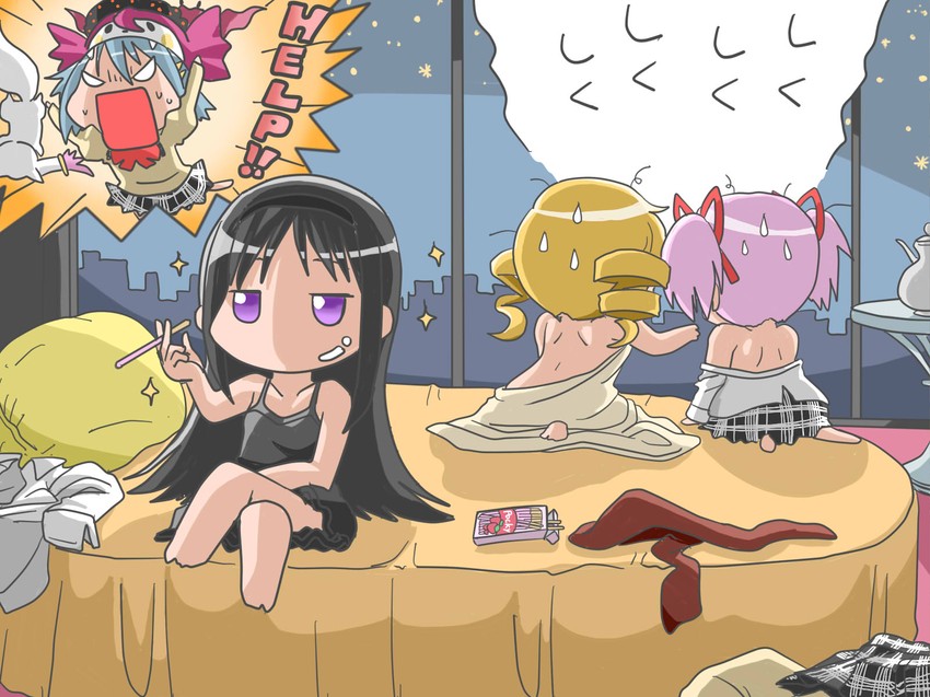 akemi homura, kaname madoka, miki sayaka, tomoe mami, kyubey, and 1 more (mahou shoujo madoka magica) drawn by hohetomaru