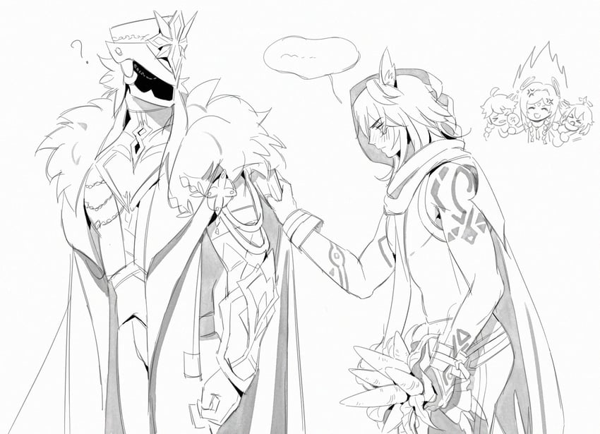 aether, paimon, citlali, ororon, and capitano (genshin impact) drawn by mayonnaise_mon