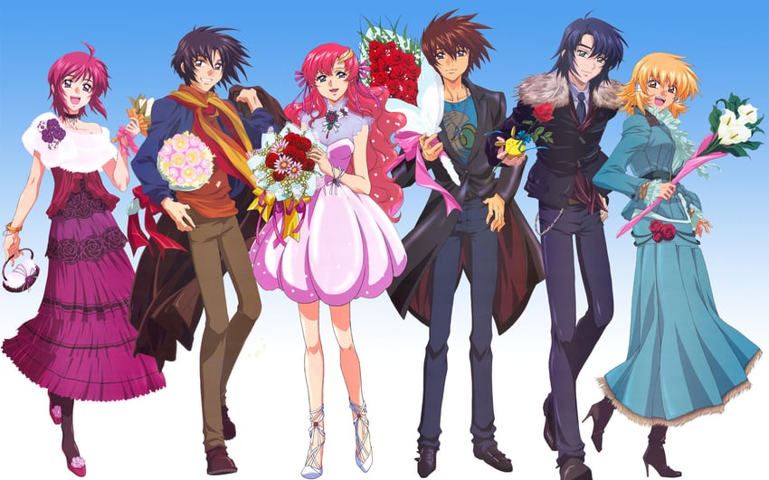 haro, cagalli yula athha, athrun zala, lacus clyne, lunamaria hawke, and 2 more (gundam and 2 more)