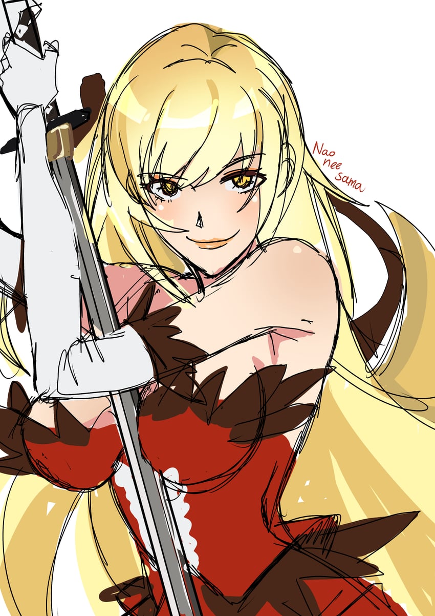 oshino shinobu and kiss-shot acerola-orion heart-under-blade (monogatari and 1 more) drawn by naoneesama