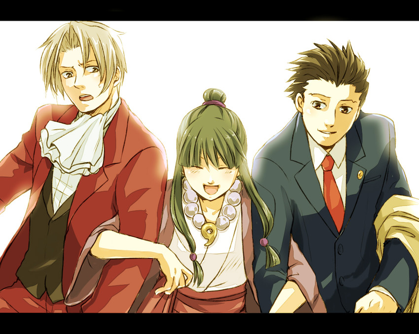 phoenix wright, miles edgeworth, and maya fey (ace attorney) drawn by ran_(rantksn)
