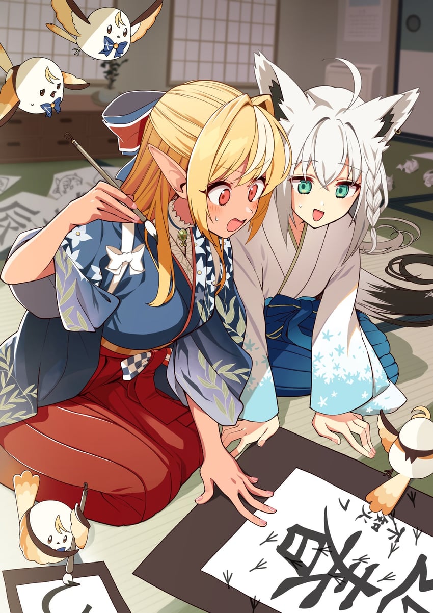 shirakami fubuki, shiranui flare, and elfriend (hololive) drawn by itaboon