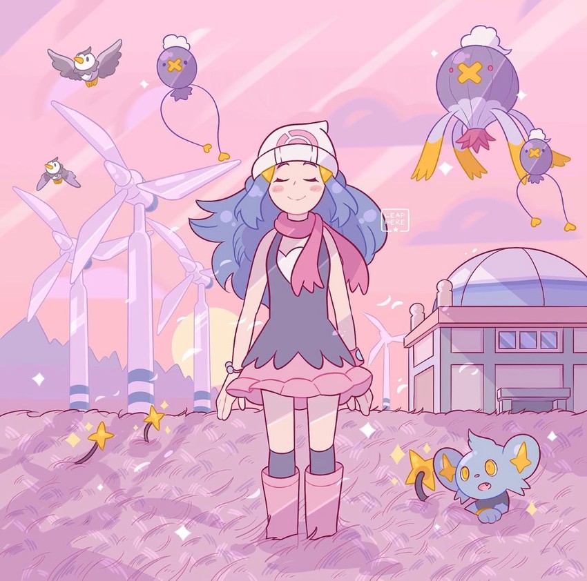dawn, drifloon, shinx, starly, and drifblim (pokemon and 1 more) drawn by leaphere