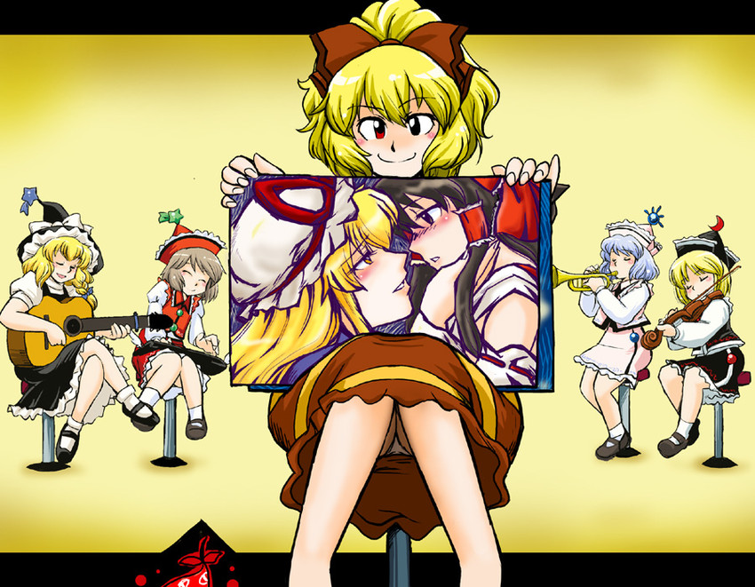 hakurei reimu, kirisame marisa, yakumo yukari, kurodani yamame, lunasa prismriver, and 2 more (touhou) drawn by azuki_osamitsu