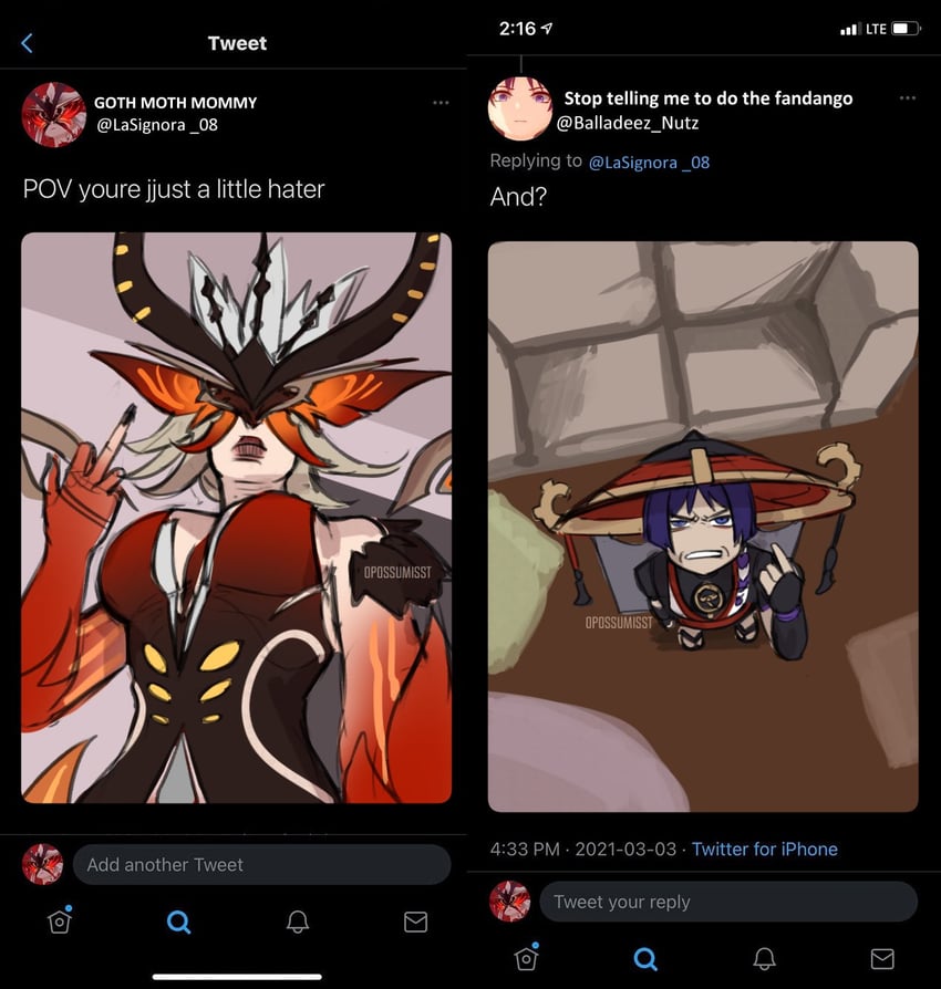 scaramouche and signora (genshin impact and 1 more) drawn by opossumisst