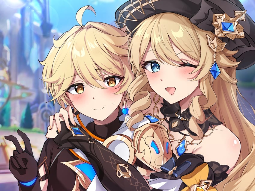aether and navia (genshin impact) drawn by midori_(midori13579)