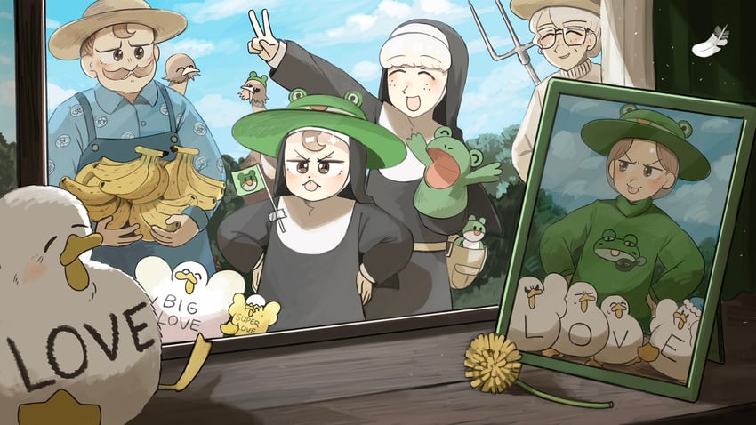 froggy nun, sheep nun, froggy nun's father, sheep nun's mother, and froggy nun's mother (little nuns) drawn by diva_(hyxpk)