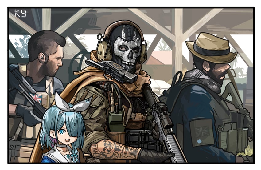 arona, ghost, soap, and captain price (blue archive and 2 more) drawn by kuroinu9