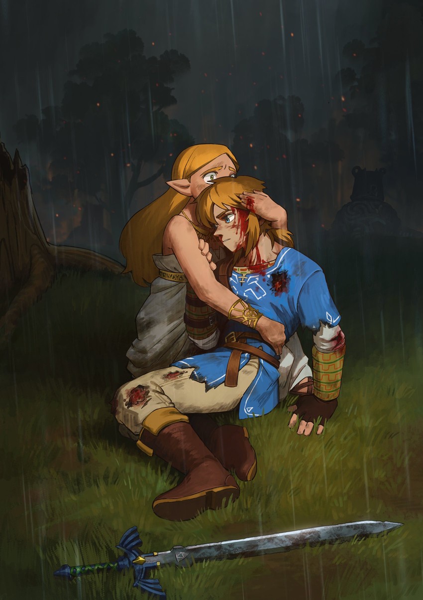 link, princess zelda, and guardian (the legend of zelda and 2 more) drawn by malin_falch