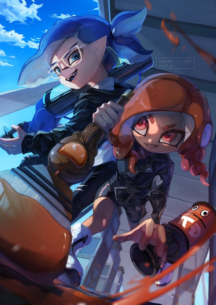 inkling player character, octoling player character, octoling girl, and inkling boy (splatoon and 1 more) drawn by ebio(evi3_da)