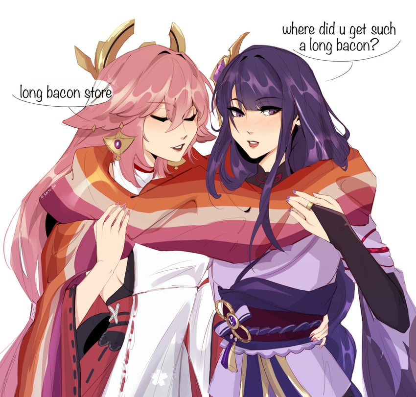 raiden shogun and yae miko (genshin impact) drawn by seijousai