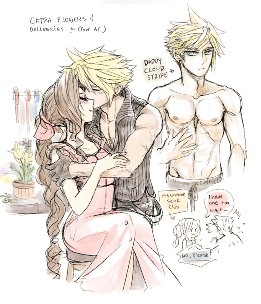 cloud strife and aerith gainsborough (final fantasy and 2 more) drawn by junkpilestuff