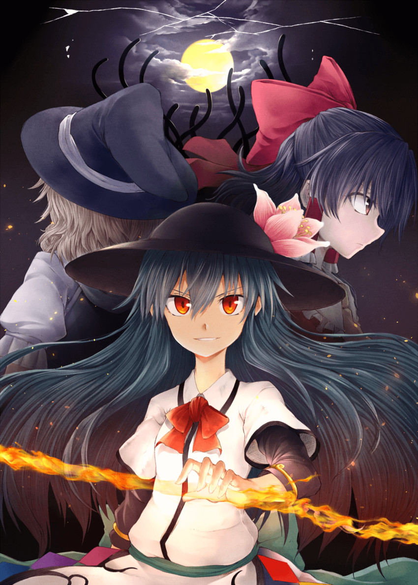 hakurei reimu, kirisame marisa, and hinanawi tenshi (touhou) drawn by judo_fuu