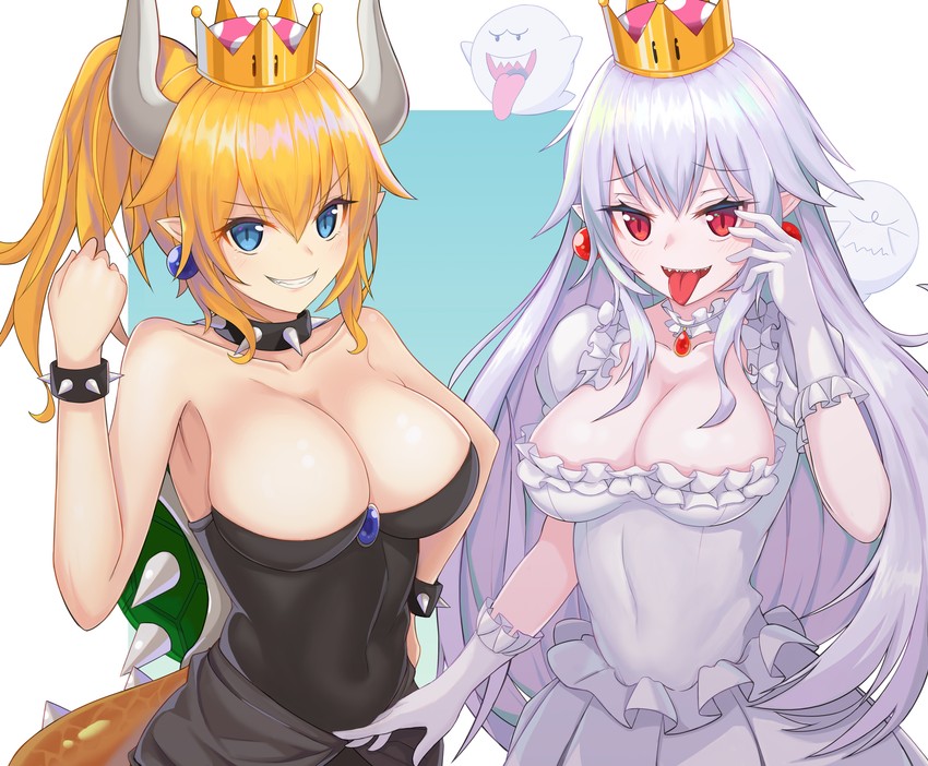 bowsette, princess king boo, and boo (mario and 2 more) drawn by pipipipyu