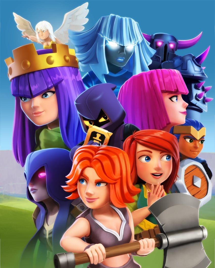 archer queen, p.e.k.k.a, witch, valkyrie, archer, and 3 more (clash of clans)