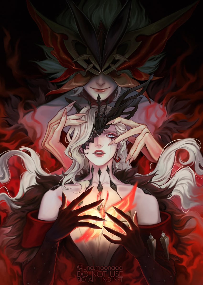 crimson lotus moth and signora (genshin impact) drawn by lunamoonaaa