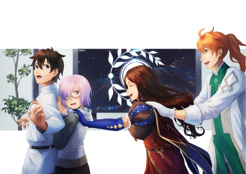 mash kyrielight, fujimaru ritsuka, leonardo da vinci, and romani archaman (fate and 1 more) drawn by mori_yashiro_(konkon_oyashiro)