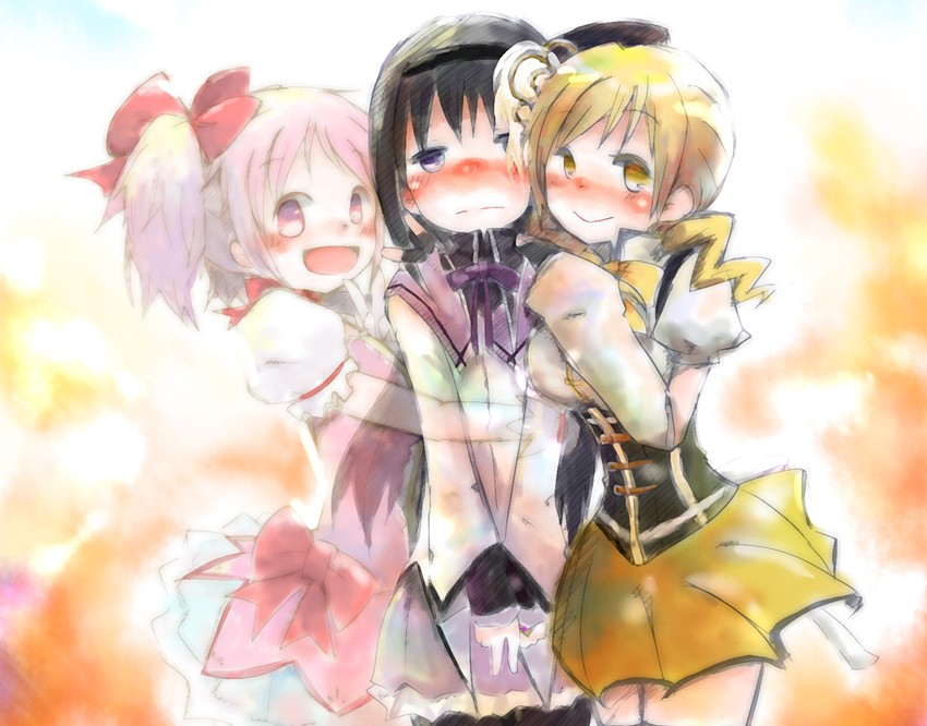 akemi homura, kaname madoka, and tomoe mami (mahou shoujo madoka magica) drawn by muro