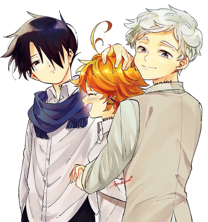 emma, norman, and ray (yakusoku no neverland) drawn by arakawa_cristal