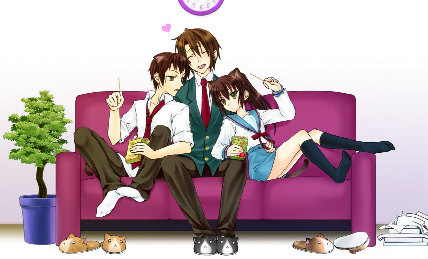 kyon, kyonko, and koizumi itsuki (suzumiya haruhi no yuuutsu) drawn by suimen