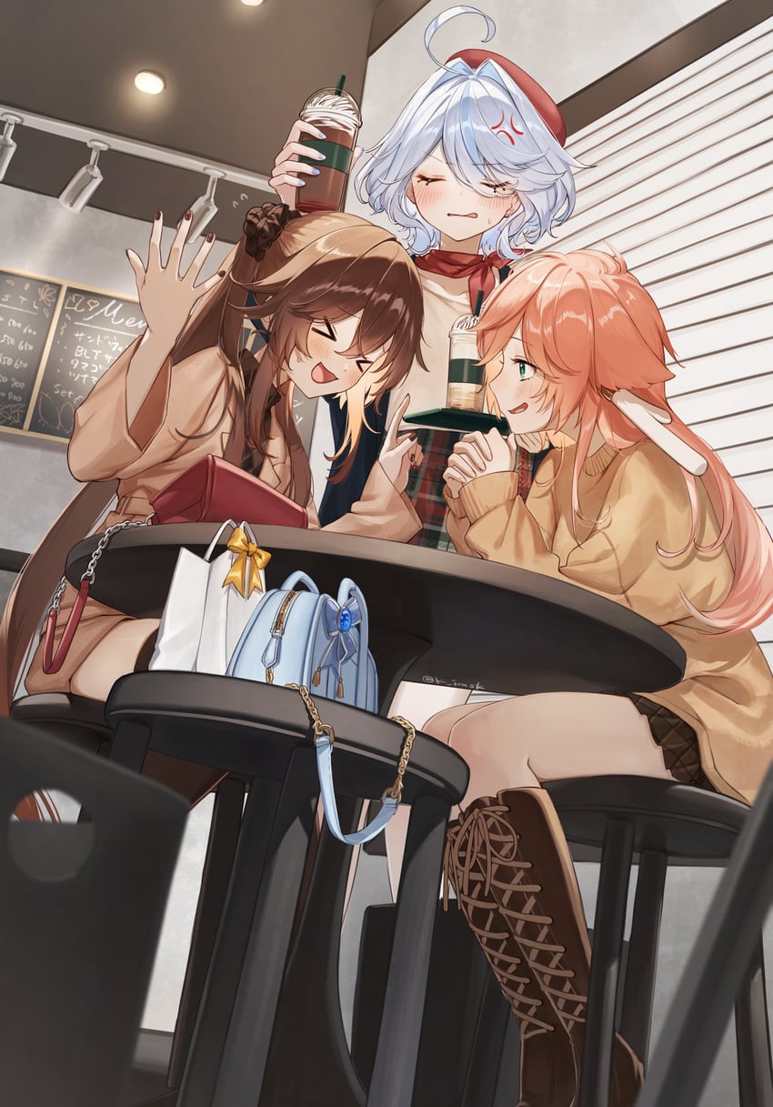hu tao, furina, and yanfei (genshin impact) drawn by imasaki_kei
