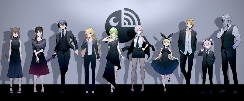 kenmochi touya, morinaka kazaki, mononobe alice, fushimi gaku, yuuhi riri, and 5 more (nijisanji) drawn by cafe_in