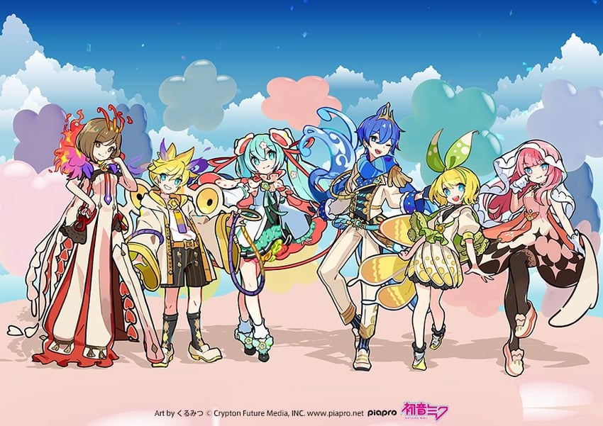 hatsune miku, kagamine rin, kagamine len, megurine luka, kaito, and 7 more (vocaloid and 1 more) drawn by kurumitsu