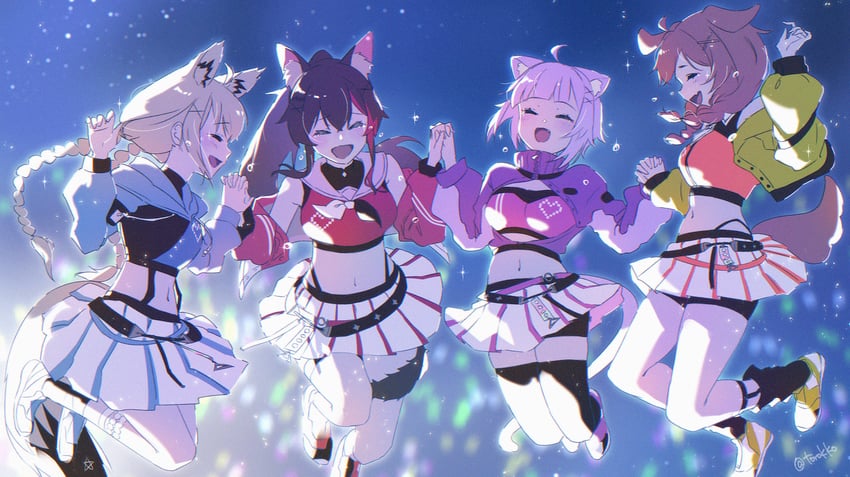 shirakami fubuki, nekomata okayu, ookami mio, and inugami korone (hololive) drawn by torokko