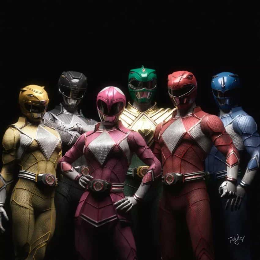 dragon ranger, tyranno ranger, ptera ranger, mighty morphin green ranger, mighty morphin red ranger, and 7 more (super sentai and 3 more) drawn by tokujay