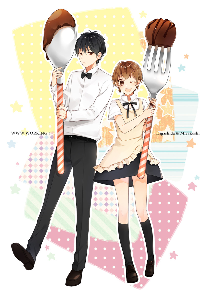 miyakoshi hana and higashida daisuke (working!!) drawn by aki_nattsu